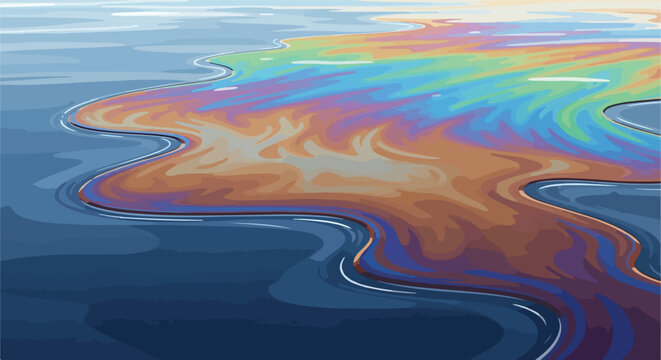 Abstract illustration of an oil slick with iridescent rainbow colors swirling on dark water