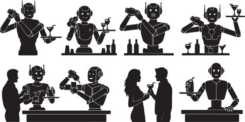Fototapeta premium Black Solid Robot Bartender Serving Drink Silhouettes Set of Six on White Background