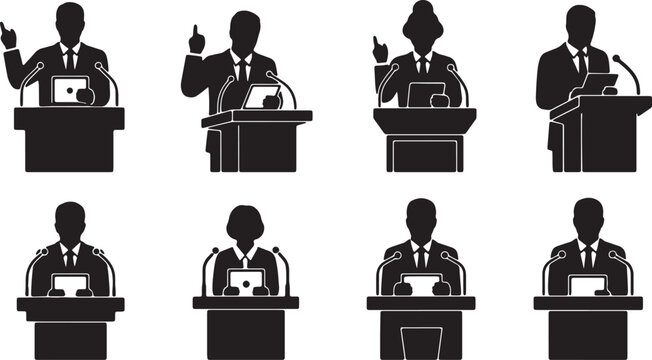Black Solid Politician Podium Tablet Speech Silhouettes Set of Six on White Background