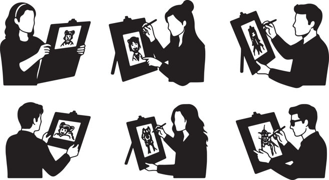 Black Solid Remote Customer Support Apologizing Silhouettes Set of Six on White Background