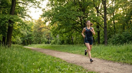 Fototapeta premium A woman jogs along a dirt path in a lush green park, surrounded by trees and natural beauty, enjoying an active lifestyle outdoors.