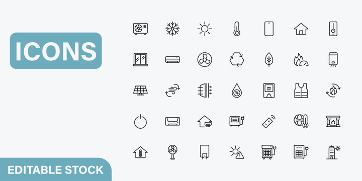 Set of hvac and climate control line icons, including air conditioning, heating, ventilation, and thermostat symbols for smart home systems