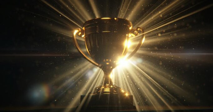 Golden Trophy With Radiant Rays and Sparkle Effects, Cinematic Motion Graphics Loop, Representing Achievement, Victory, Success, and Excellence