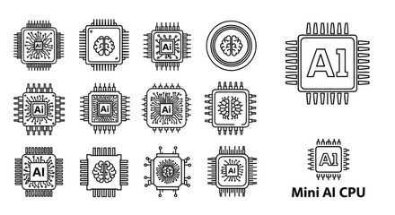 Obraz premium Set of black silhouette featuring various computer processor chips and ai microchip on a dark background
