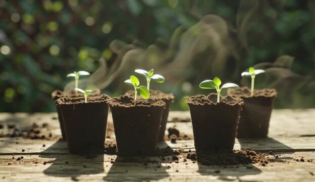 Young green seedlings in biodegradable peat pots on a wooden table with steam rising in golden morning light. Concept of organic gardening, spring planting, and new life.