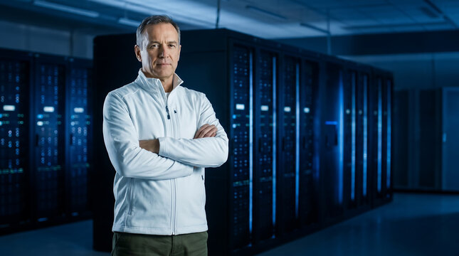 Male technician in white jacket stands confidently with arms crossed in front of a row of operational supercomputers in a modern data center environment
