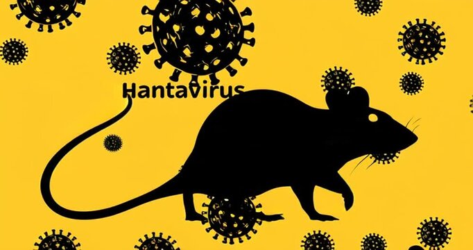 Hantavirus warning vector illustration featuring bold black &ldquo;Hantavirus&rdquo; text on yellow caution background with virus icons and rat silhouette