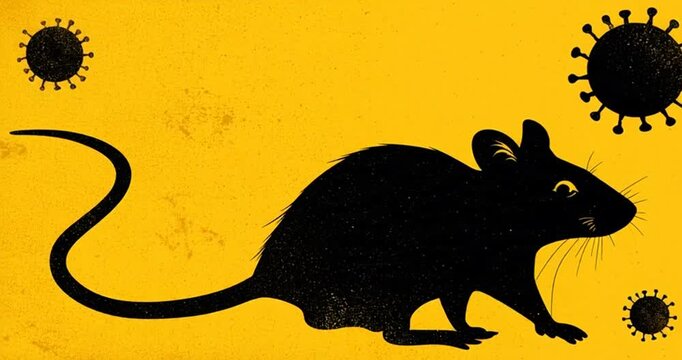 Hantavirus warning vector illustration featuring bold black &ldquo;Hantavirus&rdquo; text on yellow caution background with virus icons and rat silhouette