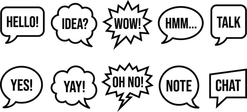 Ten black and white speech bubbles with common expressions