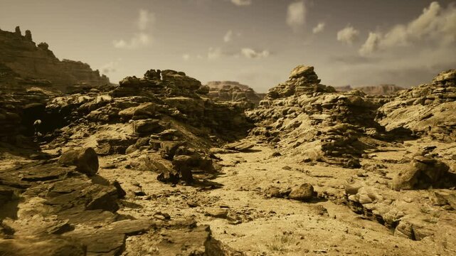 golden dunelike rock fields forming calm retreat, soft sunlight hugging textured surfaces, gentle winds, escape mood for wellness, mindfulness, and secluded