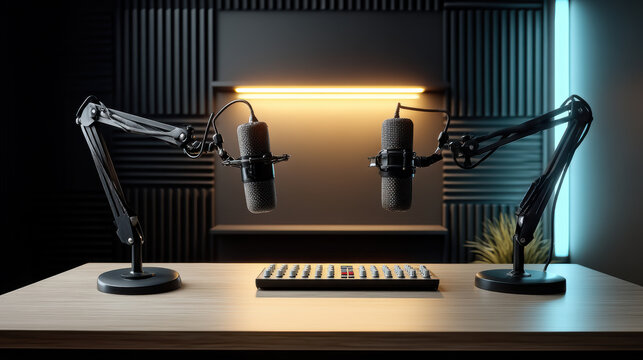 Modern podcast studio with two microphones, sound mixer, acoustic foam panels, and dramatic lighting, perfect for recording audio content