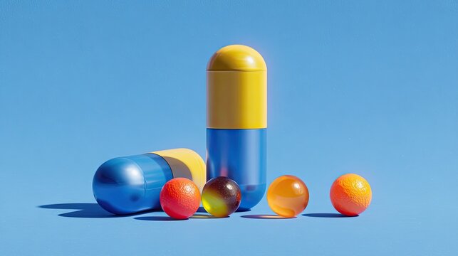 Close-up of Blue and Yellow Capsules with Released Active Granules, Modern Drug Ingredient Delivery, Pharmaceutical and Supplement Concept Background