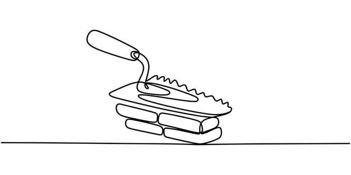 Cement trowel on bricks masonry tool construction tool bricklaying continuous one line drawing 