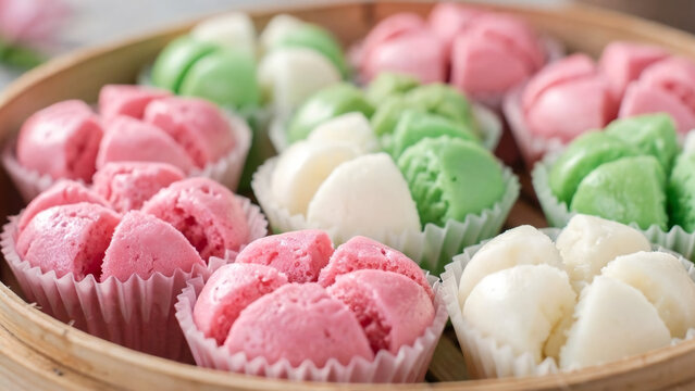 Colorful traditional Indonesian steamed cupcakes kue mangkok apem mekar in bamboo steamer basket snack concept