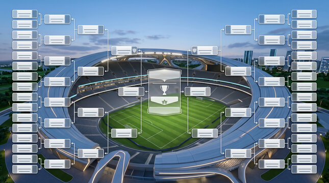Soccer tournament bracket template with stadium background. An imaginary soccer stadium is modelled and rendered