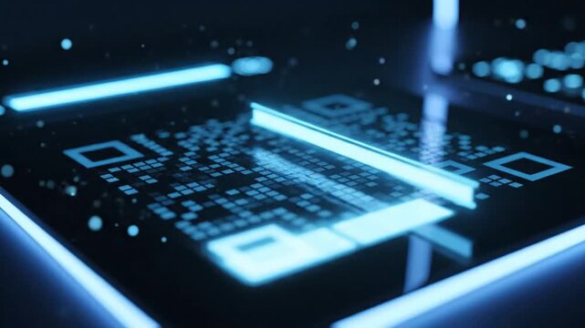 Futuristic QR Code Scan with Blue Neon Lights and Particles.
