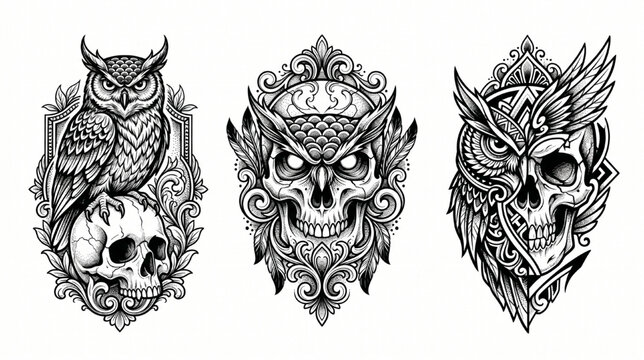 Owl and Skull Tattoo Flash Sheet Vector Black Ink Line Art Set