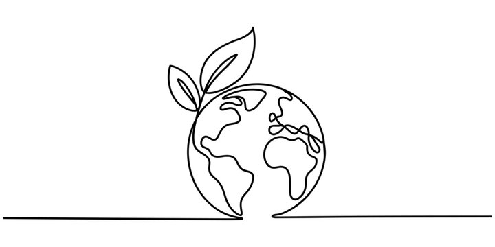 Line of earth with leaf on globe continuous one line drawing 