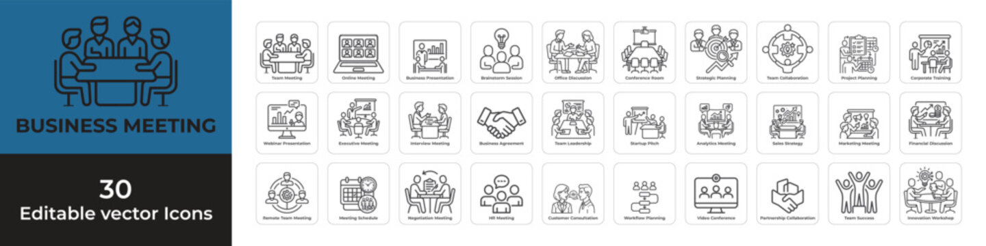 Modern business meeting outline icon set featuring teamwork, online conference, strategy planning, presentation, collaboration, webinar, office discussion, and corporate communication concepts.