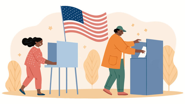 People voting at polling stations under american flag with polling station civic duty election day voting booth voting process election participation vote counting election democracy citizens