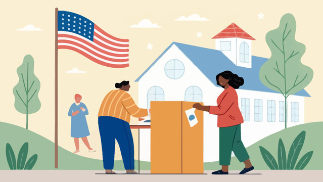 Diverse group of people casting votes at a polling station with american flag waving civic duty voting booth casting vote public service election democracy citizenship community building