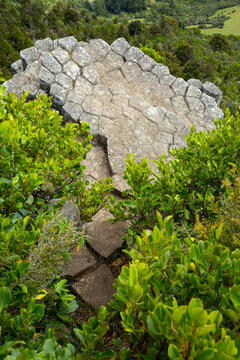 Looking down on volcanic basalt rock columns.