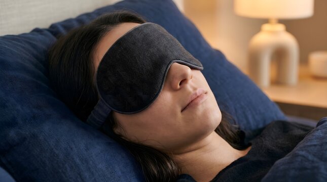 Young woman wearing a sleep mask while resting peacefully on a blue pillow in a cozy bedroom at night for better health and deep REM sleep cycle
