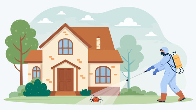 Pest control worker in protective suit spraying insecticide on garden beetle near house exterior with spray gun backpack sprayer vector control exterminator spraying insecticide chemical