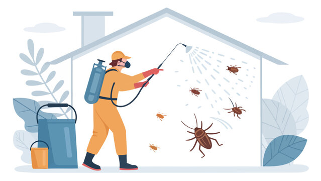 Pest control worker in protective suit spraying insecticide on cockroaches inside a house with bug spray rodent control cleaning service home maintenance pest management extermination spraying