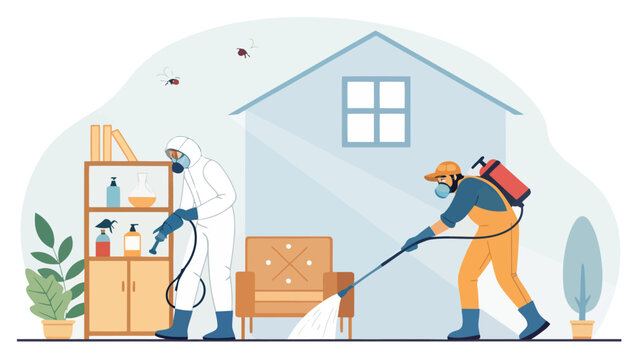 Pest control professionals spraying insecticide inside a house near furniture and shelves with protective suits spray guns backpack sprayers vector control exterminator spraying insecticide
