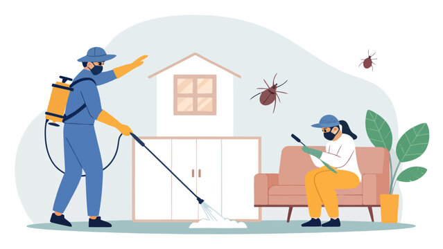 Pest control technician spraying floor while woman uses smartphone near sofa inside house with protective gear spray gun backpack sprayer mobile phone vector control modern life exterminator