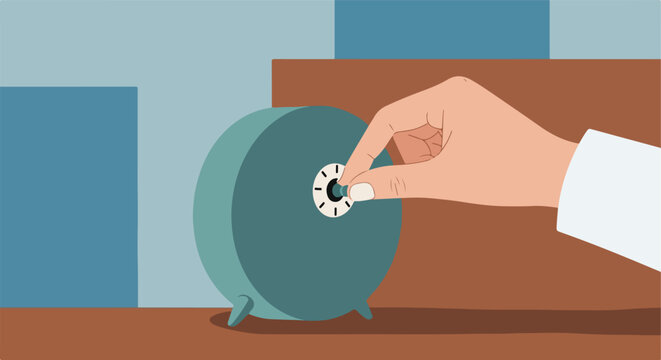 A hand adjusts a small knob on a round teal device, likely a clock or timer