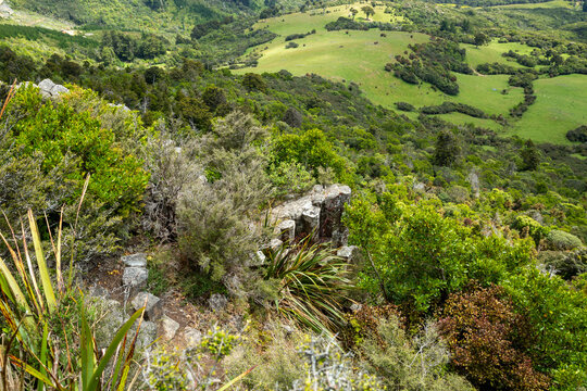 Volcanic basalt rock columns and farmland