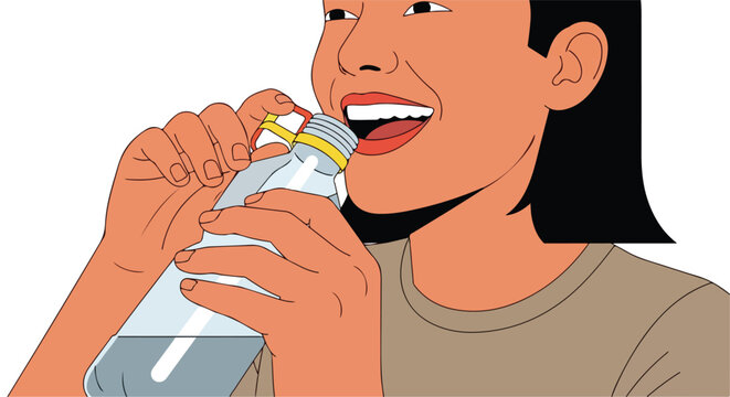 Illustration of happy person drinking water from bottle, showing healthy hydration