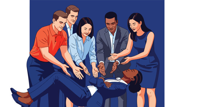 A diverse team supports a colleague in a trust exercise, emphasizing teamwork and support