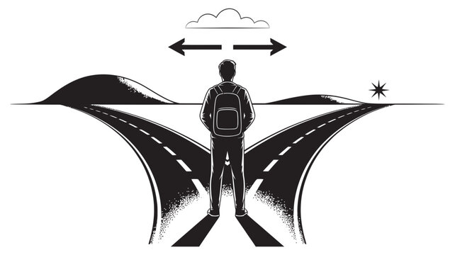 Person standing at crossroads with diverging paths symbolizing decision making future choice journey, decision