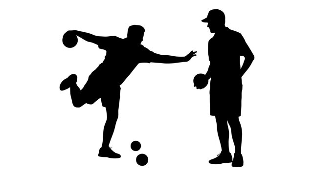 Silhouettes of two men playing bocce ball outdoors, engaging in a leisure sport game and competition, activity