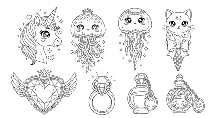 Cute cartoon doodle icons, heart, animals, jewelry, coloring book page, kids activity, educational, illustrations © Uno