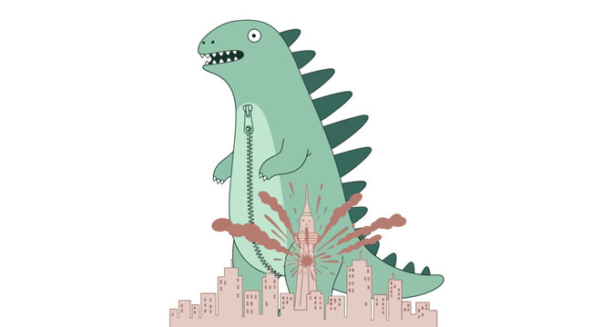Green Godzilla monster standing on city skyline, cartoon illustration, destruction concept