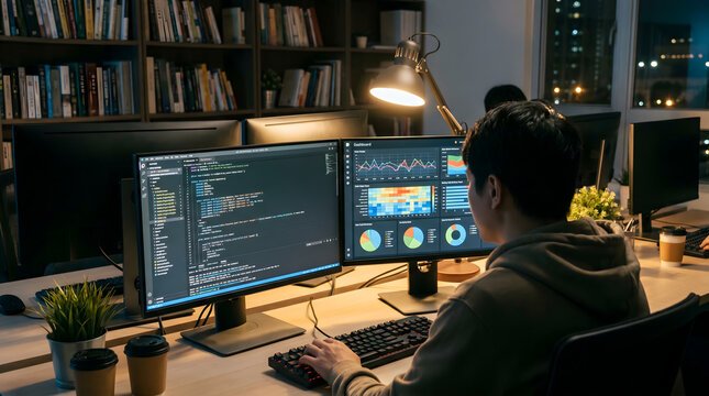 Software Developer Writing SQL Queries with Data Dashboard