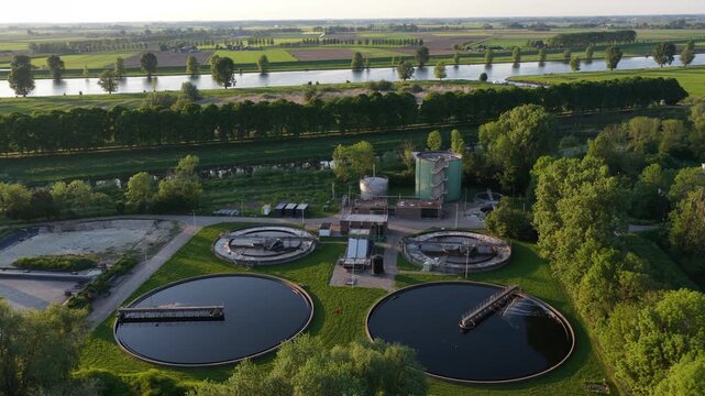 Aerial view of a wastewater treatment plant purifying water