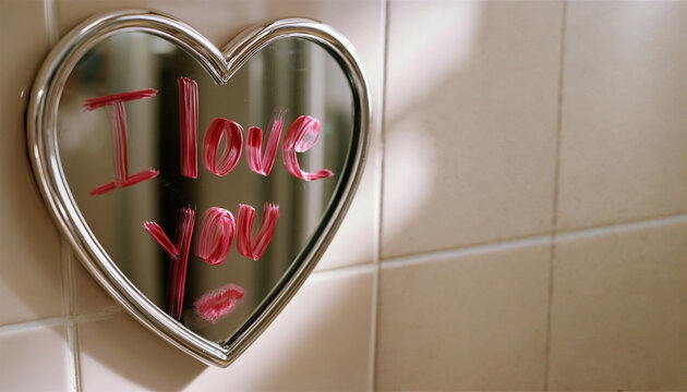 Lipstick Message I Love You with Heart Shape Written on Mirror, Romantic Beauty Concept with Red Kiss Makeup and Reflection, Valentine Love Scene and Emotional Relationship Background