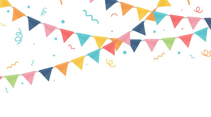 Fototapeta premium Fond festif avec guirlandes de fanions colorés croisés et confettis, idéal pour anniversaire, fête, affiche, bannière ou communication événementielle. Design moderne et vitaminé, univers enfantin