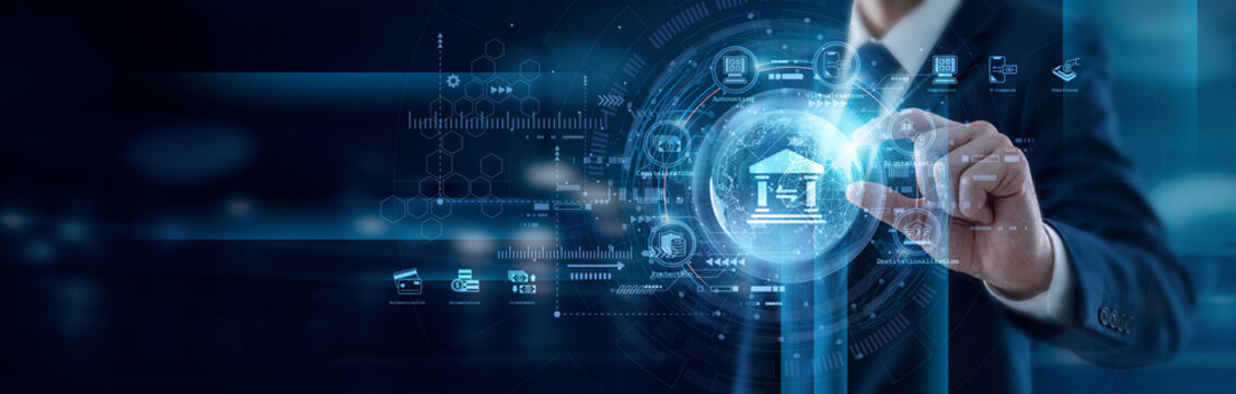 Finance manager securely hand hold global Banking network transactions facilitating seamless international transfers. Digital ledger technologies protect wealth and ensure monetary stability.