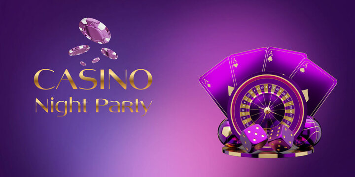 Luxurious horizontal  graphic banner featuring elegant CASINO Night Party text, playing cards with aces, dice, a roulette wheel, sports balls, and floating gaming chips in purple and gold colors wit