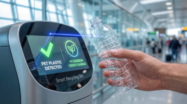 Smart recycling bin confirming plastic bottle with carbon reward system