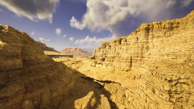 Bright sky reveals detailed sediment layers. Exposed canyon stratification offers excellent visual material for geological research and education