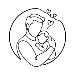 Fototapeta premium Line art illustration of a father holding his baby inside a circular frame with hearts