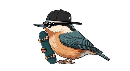 Bird wearing baseball cap and sunglasses holding skateboard, illustration for design © Uno