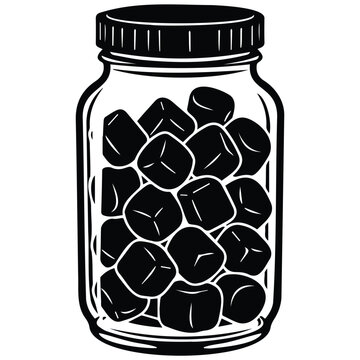 Jar with marshmallows vector silhouette illustration, sweet food dessert, black and white line art.